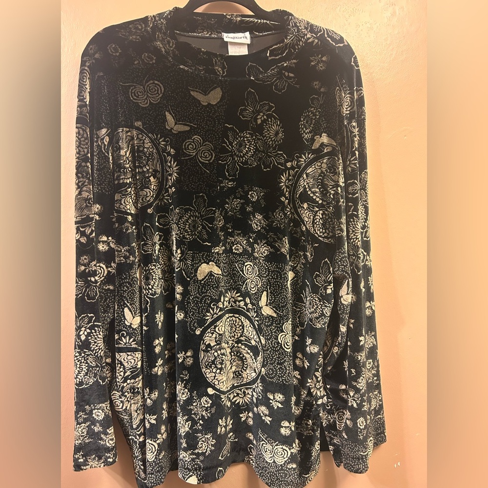 BonWorth Vintage Black & Gold Velvet Printed Y2K Long Sleeve Top Fairy Grunge